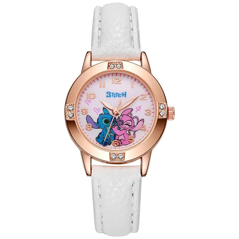 Cartoon Pattern Stitch Girls Watches Kids Leather Strap Children Watch with Rhinestone Dial