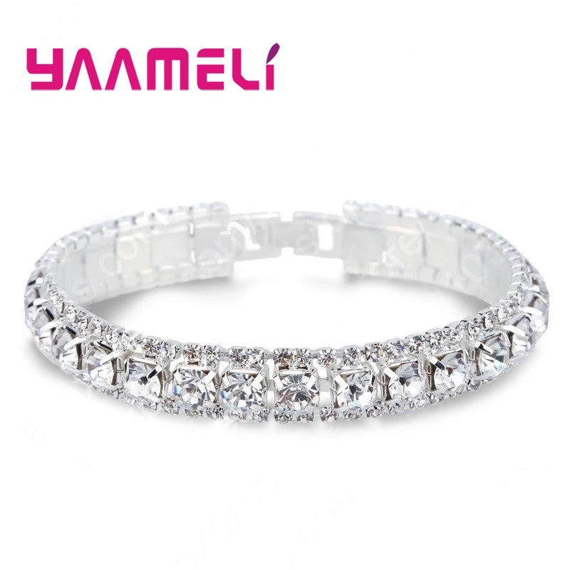 925 Stamp Silver Color Bracelets Full AAA Zircon Austrian Crystal Femme Women Link Chain Bangles