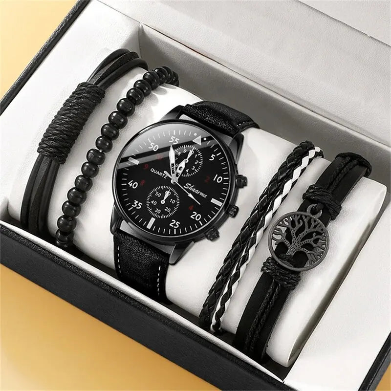 4PCS Men Watch Luxury Bracelet Set Brown Leather Quartz Wrist Watches for Men