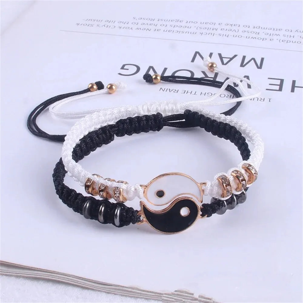 2 PC Jewelry Set Couple Black White Tai Chi Bracelet Rope Adjustable Chain Set