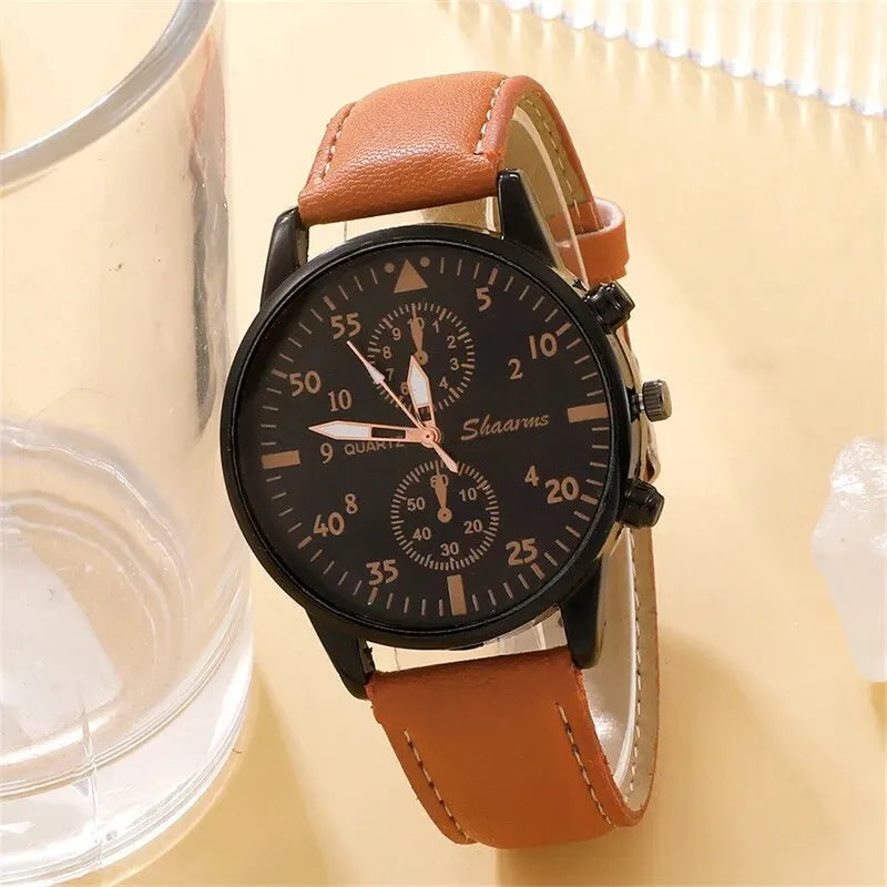 4PCS Men Watch Luxury Bracelet Set Brown Leather Quartz Wrist Watches for Men