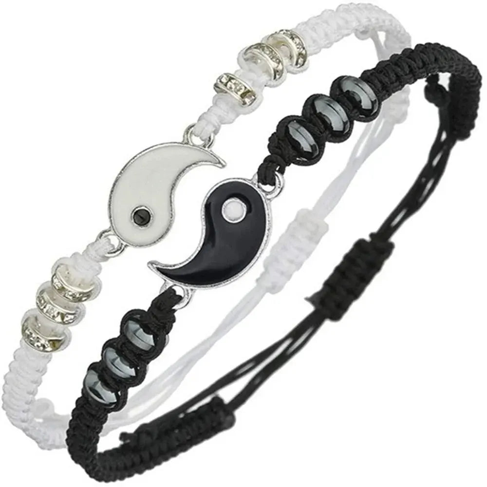 2 PC Jewelry Set Couple Black White Tai Chi Bracelet Rope Adjustable Chain Set