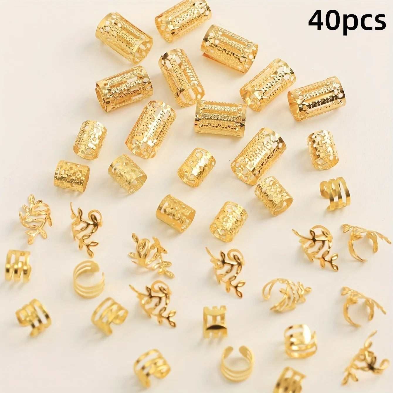 40PCS/Set Women's Elegant Hollow Hair Rings Set with Various Patterns DIY Hair Accessories for Girls Loc Hair Jewelry for Braids