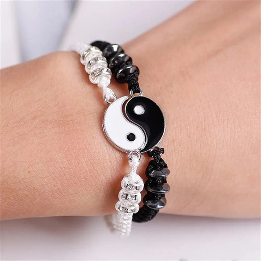 2 PC Jewelry Set Couple Black White Tai Chi Bracelet Rope Adjustable Chain Set