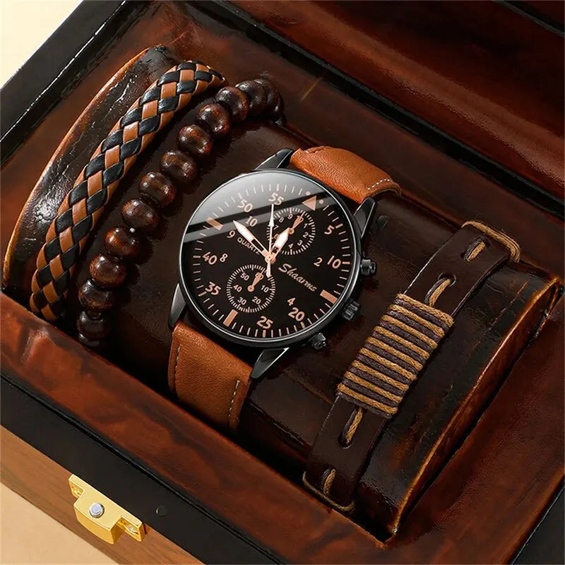 4PCS Men Watch Luxury Bracelet Set Brown Leather Quartz Wrist Watches for Men
