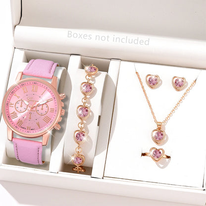 6PCS/Set Fashion Women's Quartz Watch Leather Band Analog Wrist Watches Heart Rhinestone Jewelry Set(Without Box)