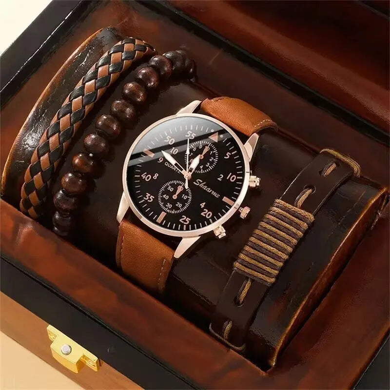 4PCS Men Watch Luxury Bracelet Set Brown Leather Quartz Wrist Watches for Men