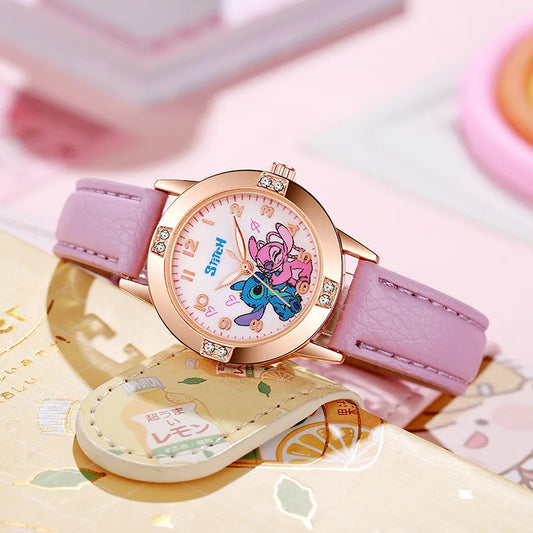 Cartoon Pattern Stitch Girls Watches Kids Leather Strap Children Watch with Rhinestone Dial