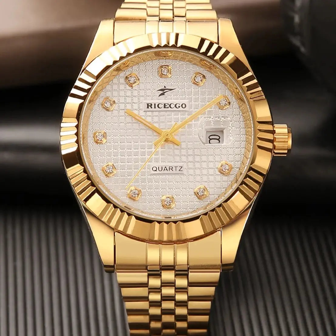 1pc quartz watch with calendar display, dial set with diamonds and textured design, fashionable jewelry accessories, dual calendar