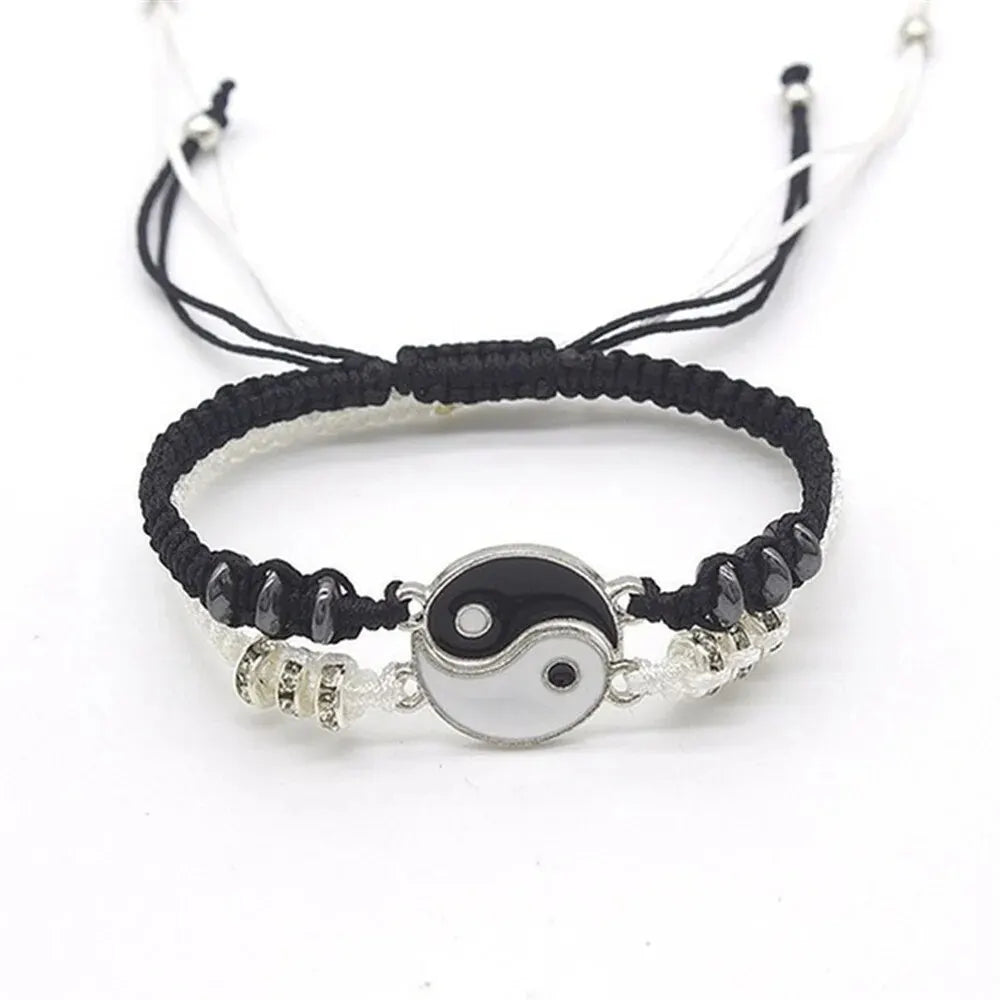 2 PC Jewelry Set Couple Black White Tai Chi Bracelet Rope Adjustable Chain Set