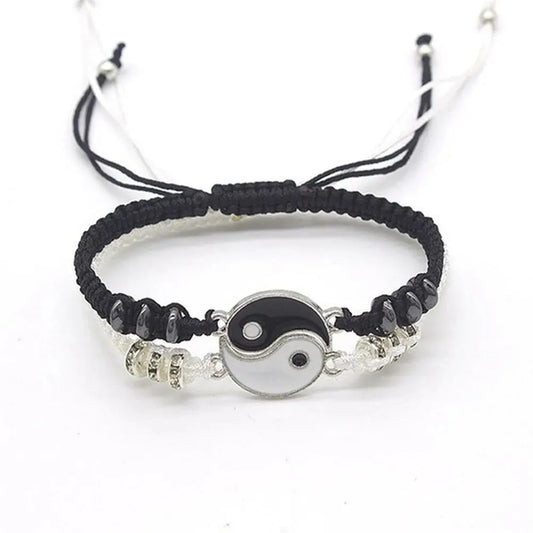 2 PC Jewelry Set Couple Black White Tai Chi Bracelet Rope Adjustable Chain Set