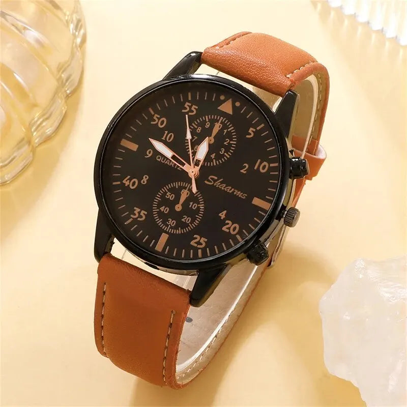 4PCS Men Watch Luxury Bracelet Set Brown Leather Quartz Wrist Watches for Men