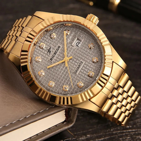 1pc quartz watch with calendar display, dial set with diamonds and textured design, fashionable jewelry accessories, dual calendar