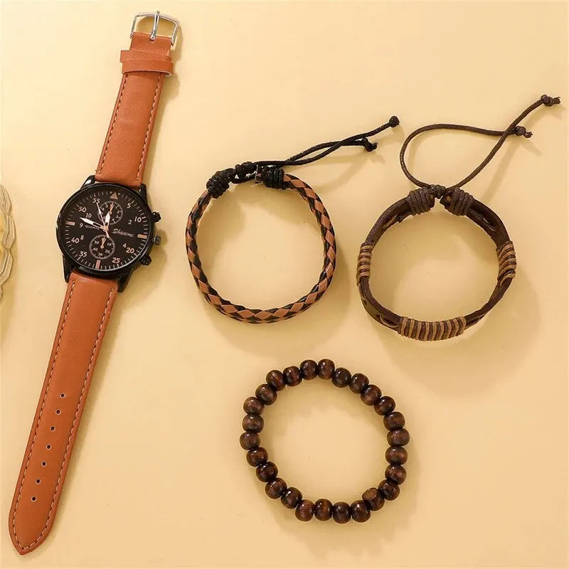4PCS Men Watch Luxury Bracelet Set Brown Leather Quartz Wrist Watches for Men